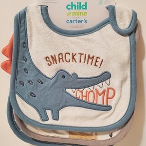 Child of mine by carters 3 pk bibs one size Snack Time Chomp. 100% cotton